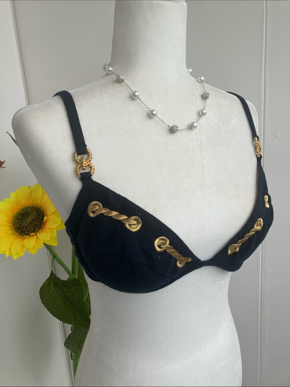 Vintage 80s 90s Navy Bra Crop Top with Gold Rope Metal and Appliqué Detailing